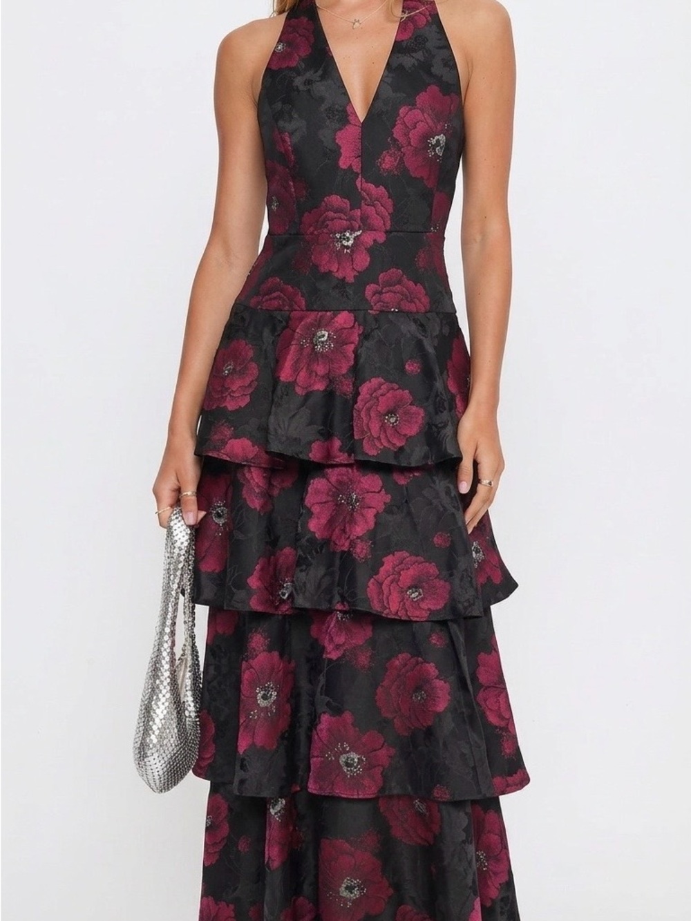 Black & Fuchsia Floral Tiered V-Neck Evening Dress